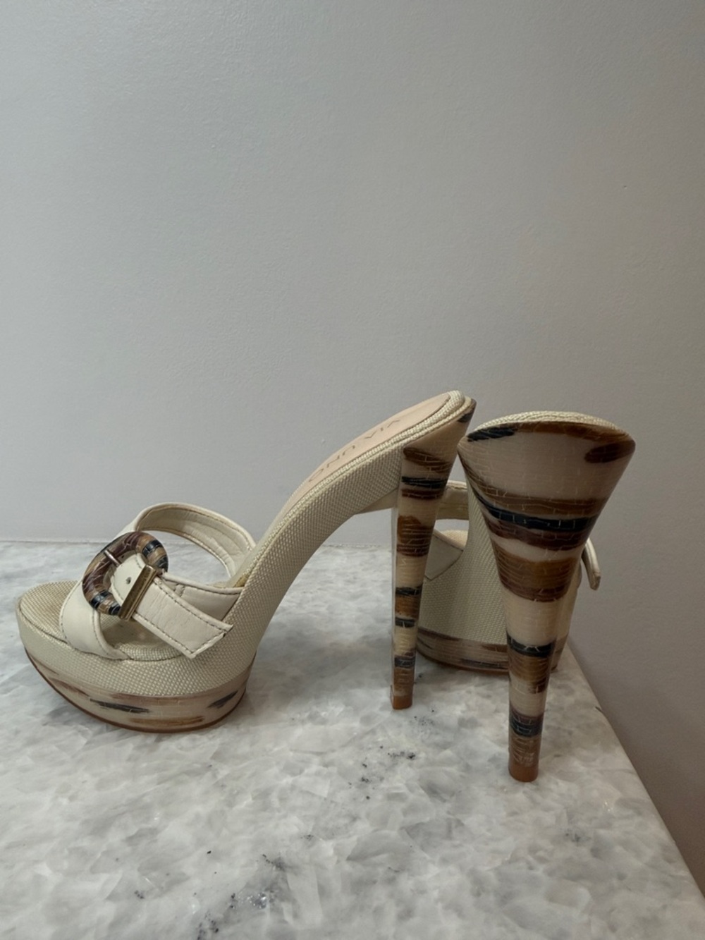 Showstopper Cream Strappy Platform Heels with Multitone Striped Stiletto